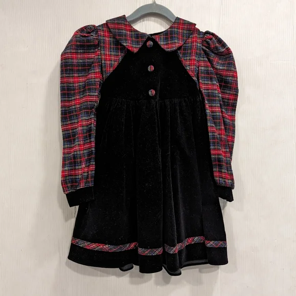 VINTAGE Jo Lene girls red plaid & black velvet holiday Christmas dress - Picture 11 of 11